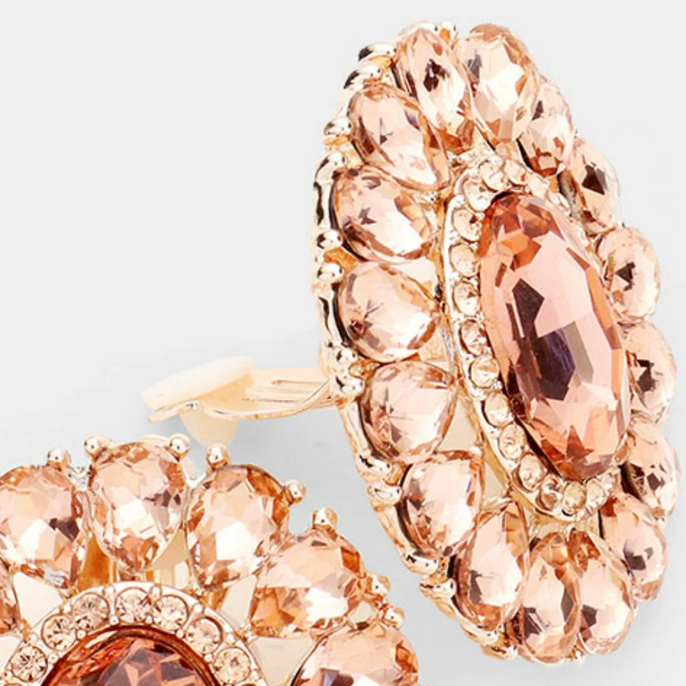 Peach Marquise Crystal Oval Style Clip On Earrings Statement Jewelry